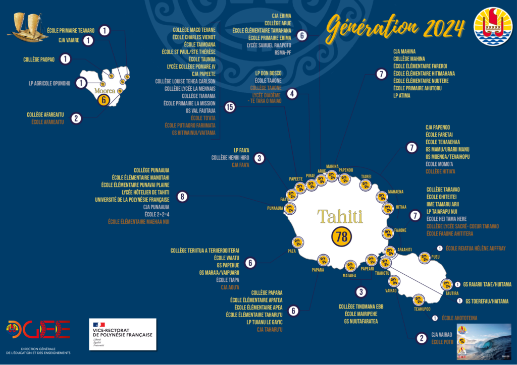 Carte des écoles et établissements labellisés Génération 2024 à Tahiti et Moorea